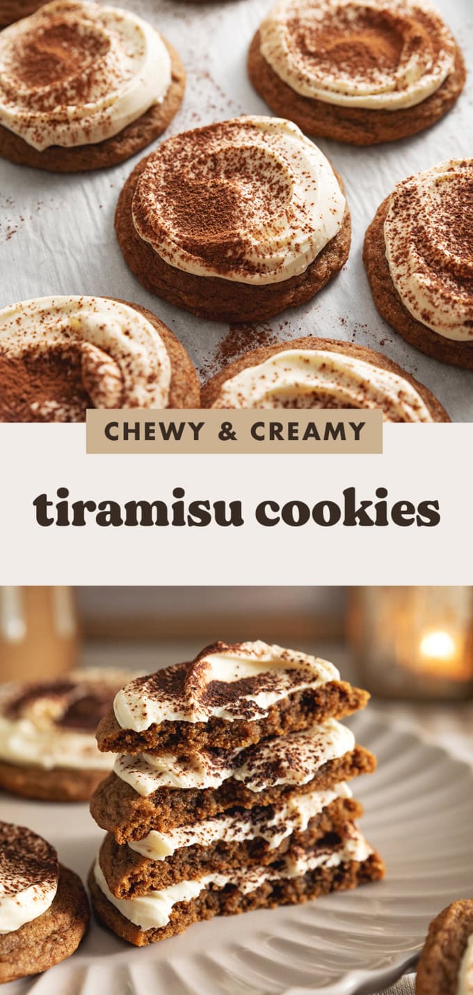 Two images of tiramisu cookies with a text overlay that says "chewy and creamy tiramisu cookies".
