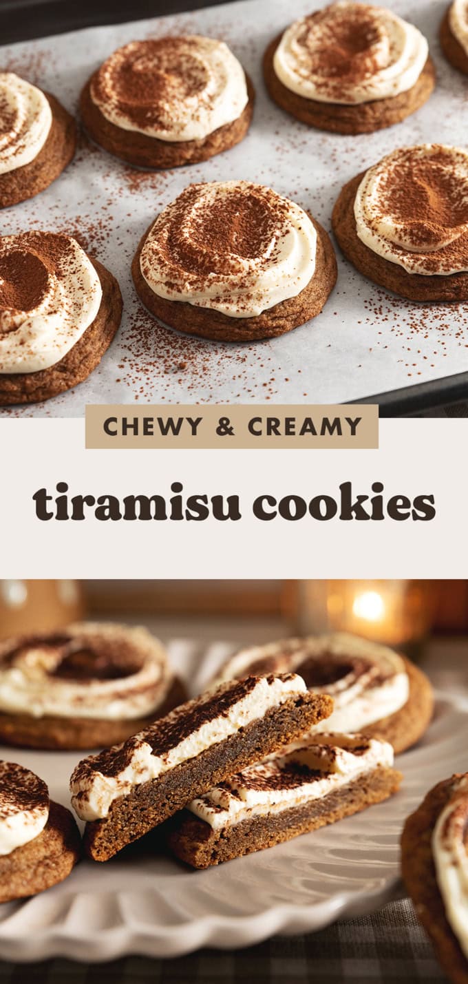 Two images of tiramisu cookies with a text overlay that says "chewy and creamy tiramisu cookies".