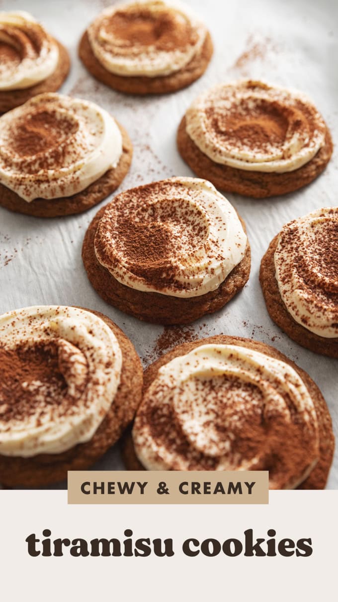Tiramisu cookies scattered on parchment paper.