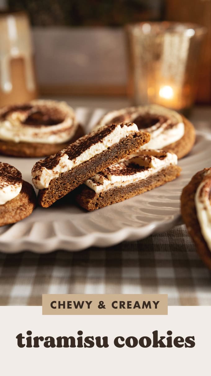 A tiramisu cookie cut in half to show a cross-section of the layers.