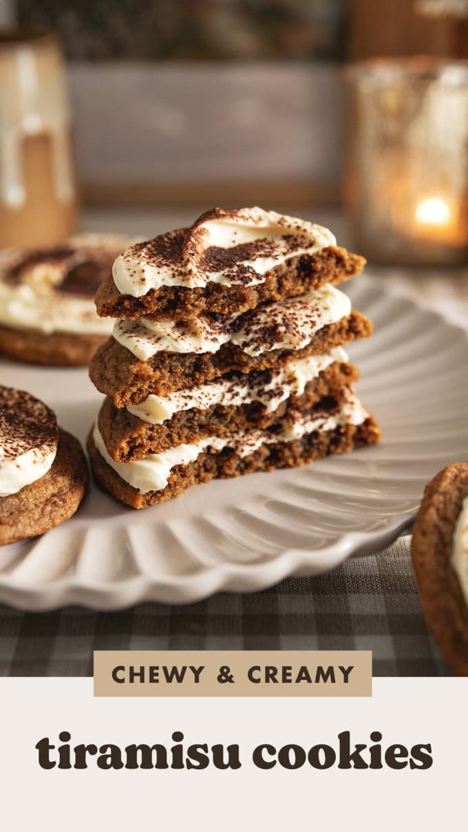 A stack of tiramisu cookies cut in half to show the texture inside.