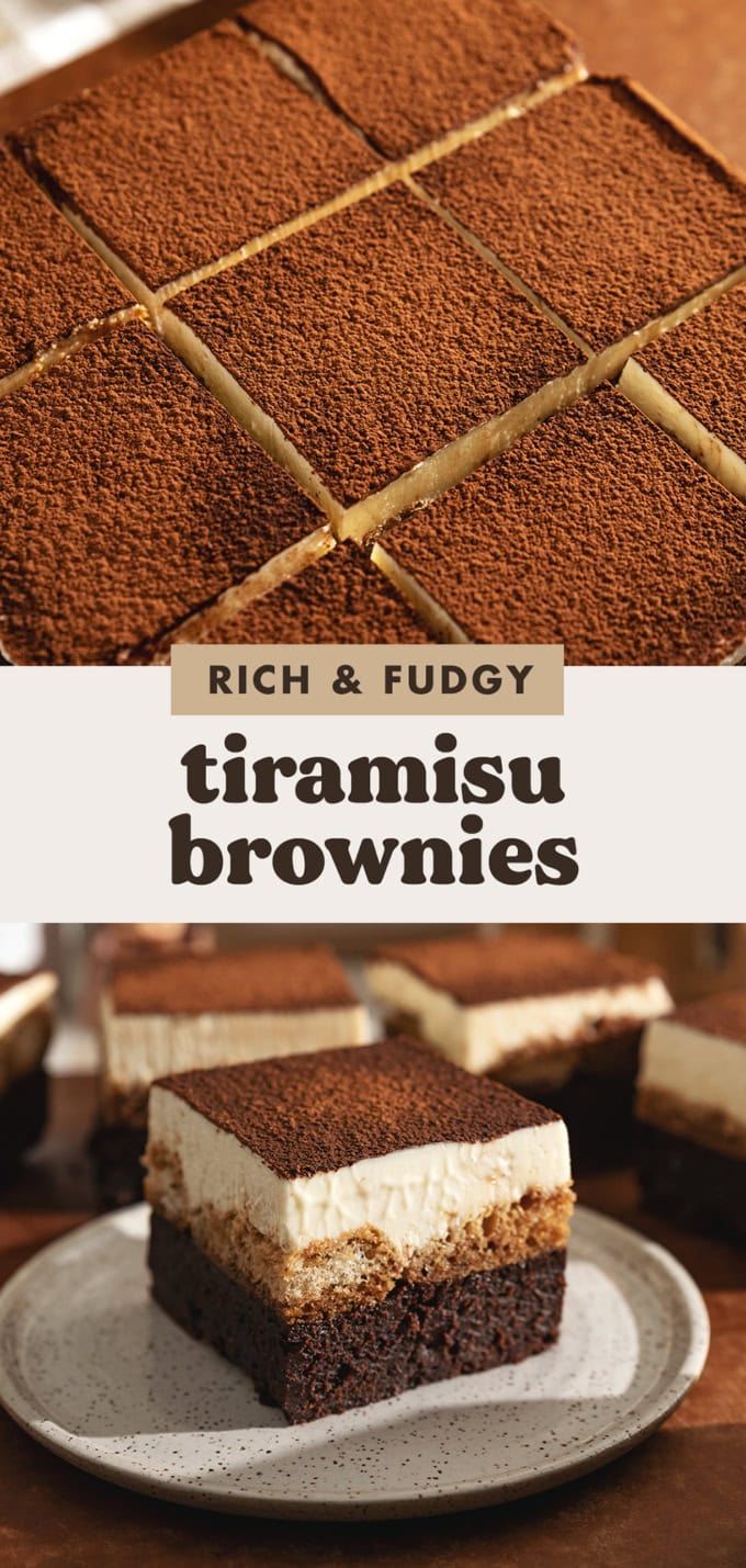 Two images of tiramisu brownies with a text overlay that says "rich and fudgy tiramisu brownies".