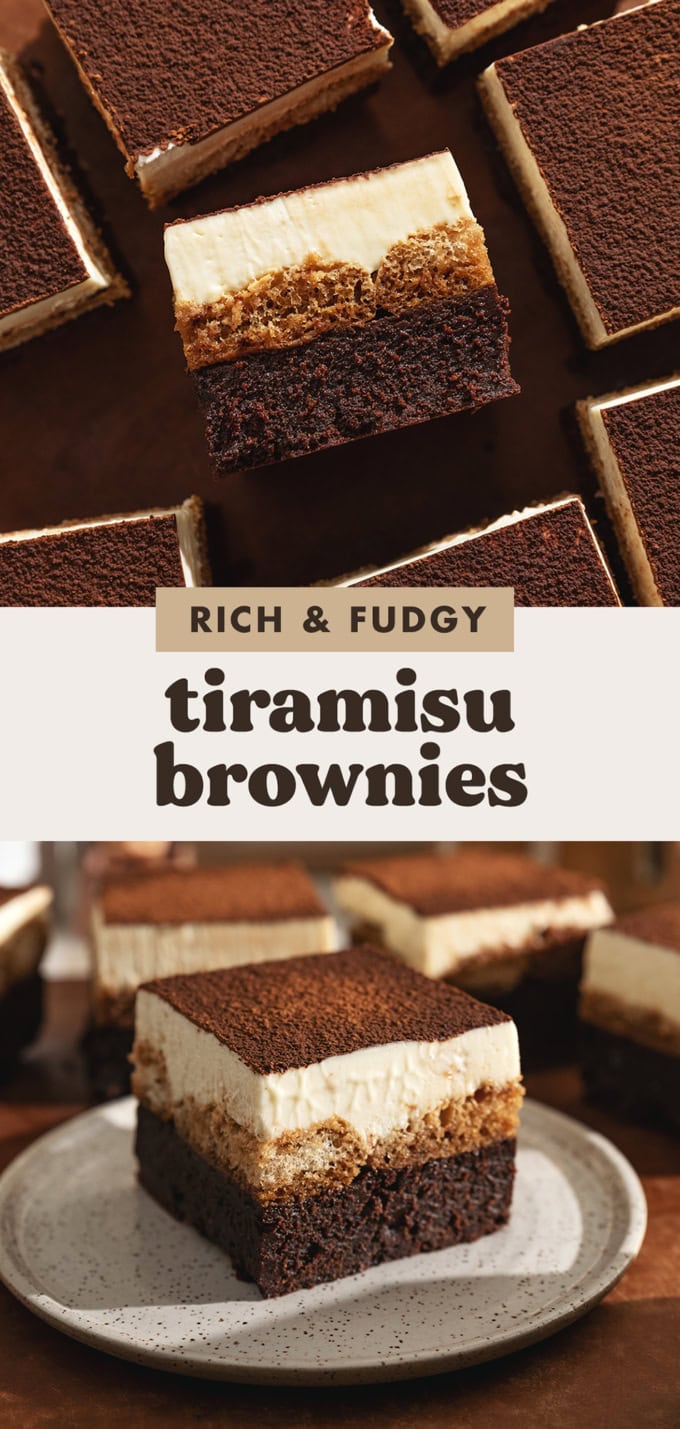 Two images of tiramisu brownies with a text overlay that says "rich and fudgy tiramisu brownies".