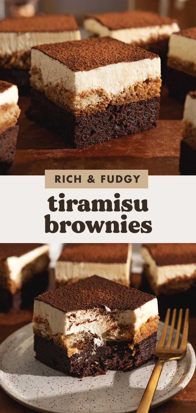 Two images of tiramisu brownies with a text overlay that says "rich and fudgy tiramisu brownies".