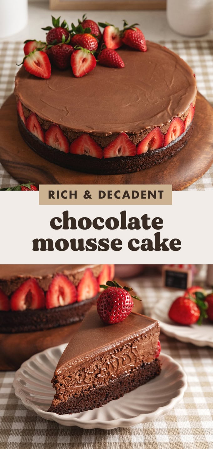 Two images of a chocolate mousse cake with a text overlay that says "rich and decadent chocolate mousse cake".