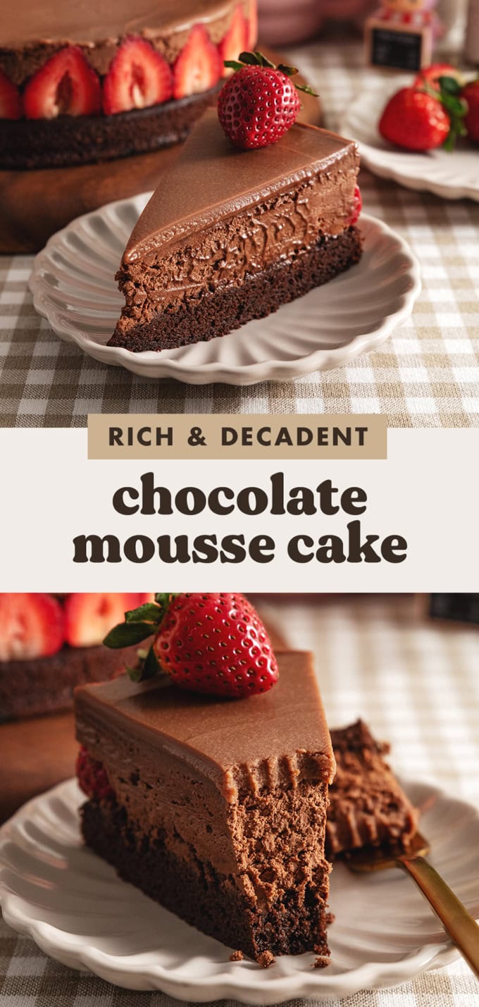 Two images of a chocolate mousse cake with a text overlay that says "rich and decadent chocolate mousse cake".