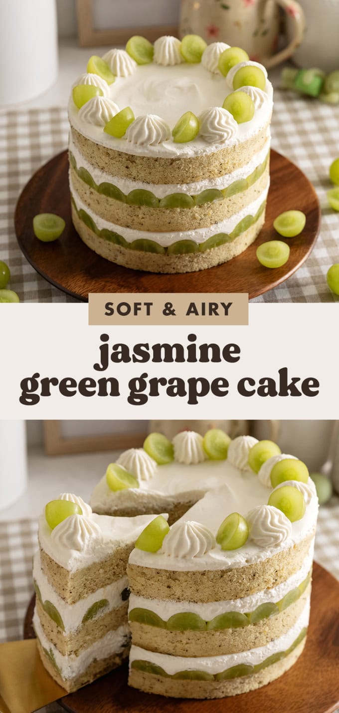 Two images of a jasmine green grape cake with a text overlay that says "soft and airy jasmine green grape cake".