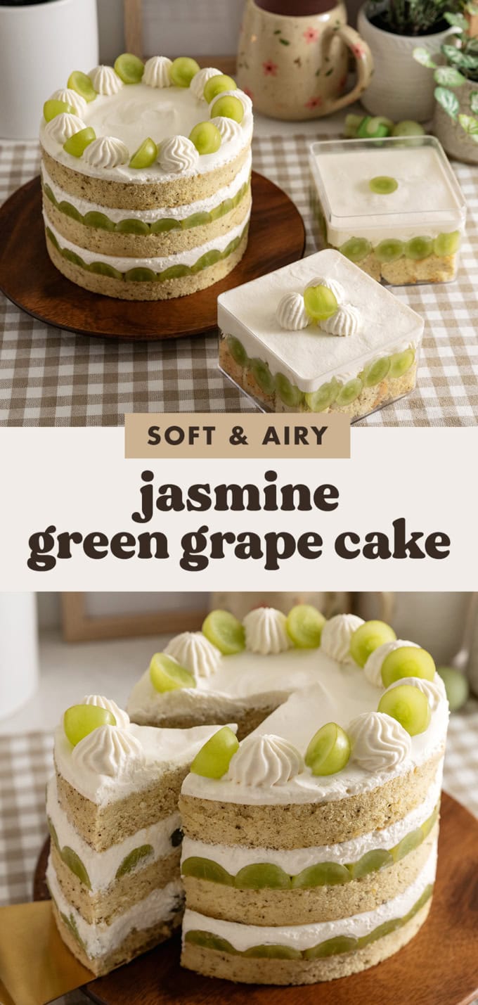 Two images of a jasmine green grape cake with a text overlay that says "soft and airy jasmine green grape cake".