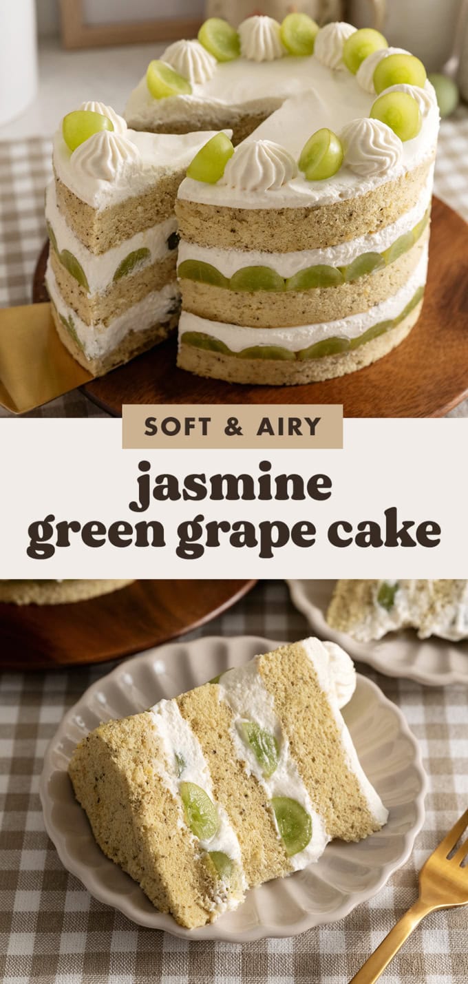 Two images of a jasmine green grape cake with a text overlay that says "soft and airy jasmine green grape cake".