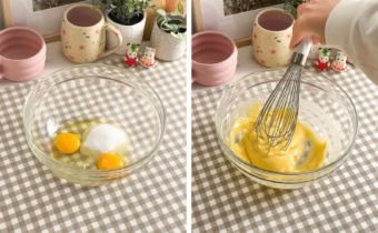 Left: two eggs and sugar in a mixing bowl. Right: whisking eggs and sugar together.