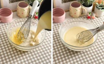 Left: pouring milk mixture into a bowl of egg yolks. Right: whisking crepe batter in a mixing bowl.