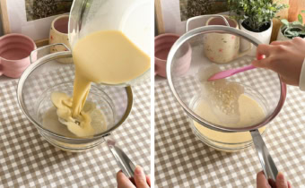 Left: pouring batter through a fine mesh sieve into another bowl. Right: scraping clumps of flour on a sieve with a spatula.