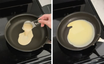 Left: pouring crepe batter into a frying pan. Right: swirling pan to spread batter around the pan.