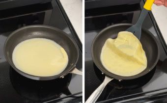 Left: swirling pan to spread batter around the pan. Right: lifting a cooked crepe up from a pan with a spatula.