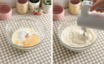 Left: whipping cream and sugar in a mixing bowl. Right: beating whipped cream in a bowl with a hand mixer.