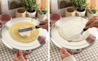 Left: spreading whipped cream across a crepe with a spatula. Right: crepe with a layer of whipped cream spread across the surface.