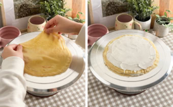Left: two hands placing a crepe on top of the whipped cream layer. Right: a small stack of crepes and whipped cream on a cake turntable.