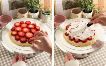 Left: a hand placing strawberry slices on top of a crepe. Right: spreading whipped cream on top of strawberry slices with an offset spatula.