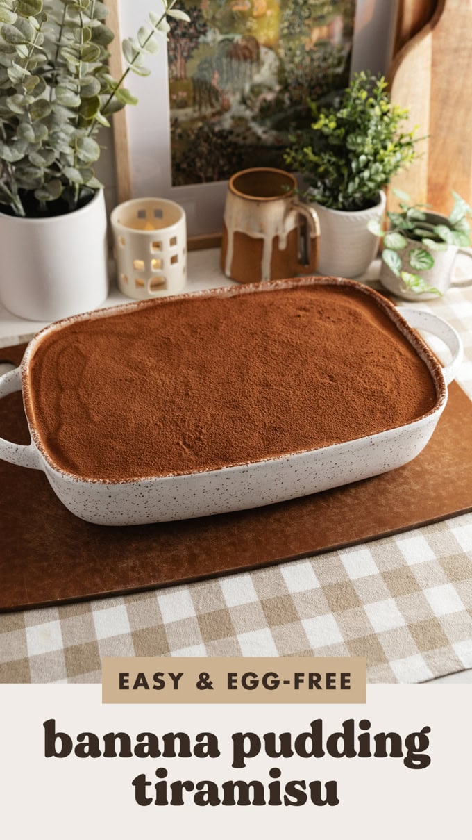 A dish filled with banana pudding tiramisu covered with a dusting of cocoa powder.