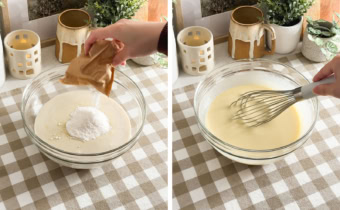 Left: sprinkling vanilla pudding mix into a bowl of milk. Right: whisking vanilla pudding mixture with a whisk.