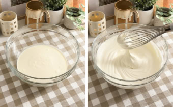 Left: whipping cream in a mixing bowl. Right: whisking whipping cream until it becomes firm peaks.