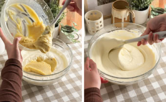 Left: adding vanilla pudding into a mixing bowl of whipped cream. Right: folding vanilla pudding together with a spatula.