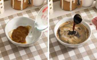 Left: pouring hot water into a bowl of espresso powder. Right: pouring a spoonful of coffee liqueur into a bowl of espresso.
