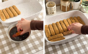 Left: hand dipping a ladyfinger into a bowl of espresso. Right: hand placing an espresso-soaked ladyfinger into a casserole dish.