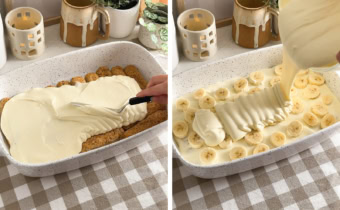 Left: spreading vanilla pudding on top of ladyfingers with an offset spatula. Right: pouring vanilla pudding on top of a layer of banana slices.