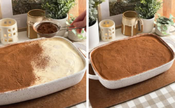 Left: sprinkling cocoa powder on top of a dish of tiramisu. Right: a dish of tiramisu covered with cocoa powder.