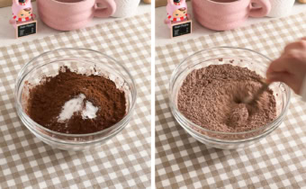 Left: dry ingredients in a mixing bowl. Right: mixing dry ingredients with a spoon.