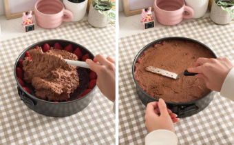 Left: adding chocolate mousse to a pan on top of chocolate cake layer. Right: smoothing chocolate mousse into a pan with an offset spatula.