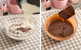 Left: pouring hot cream into a bowl of chopped chocolate. Right: chocolate ganache dripping off of a spatula.