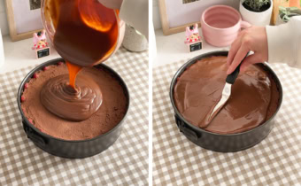 Left: pouring chocolate ganache on top of a chocolate mousse cake. Right: smoothing chocolate ganache with an offset spatula.