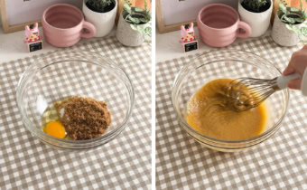 Left: egg and sugar in a mixing bowl. Right: whisking egg mixture with a whisk.