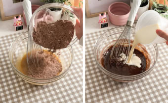 Left: pouring flour mixture into egg mixture. Right: pouring milk into cake batter.