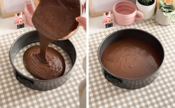 Left: pouring chocolate cake batter into a pan. Right: springform pan filled with chocolate cake batter.