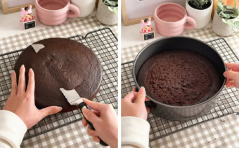 Left: slicing the domed top off of a chocolate cake with a knife. Right: hands holding a pan of baked chocolate cake.
