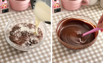 Left: pouring hot cream into a bowl of chopped chocolate. Right: mixing chocolate ganache with a spatula.