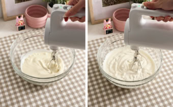 Left: whipping cream with a hand mixer. Right: whipping cream with a hand mixer until it reaches soft peaks.