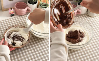 Left: mixing whipped cream and chocolate ganache with a spatula. Right: adding chocolate mixture into bowl of whipped cream.