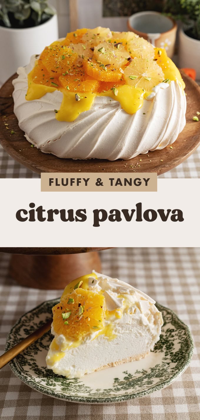 Two images of a citrus pavlova with a text overlay that says "fluffy and tangy citrus pavlova".