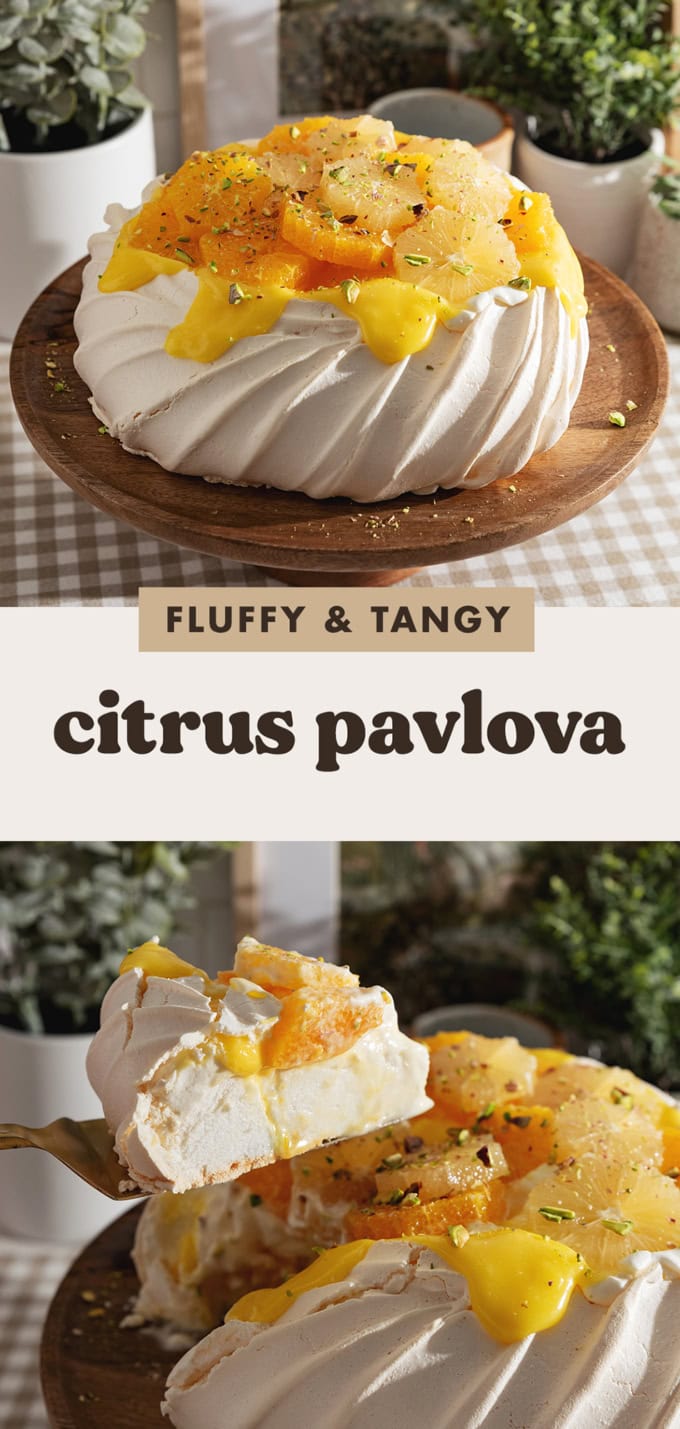 Two images of a citrus pavlova with a text overlay that says "fluffy and tangy citrus pavlova".