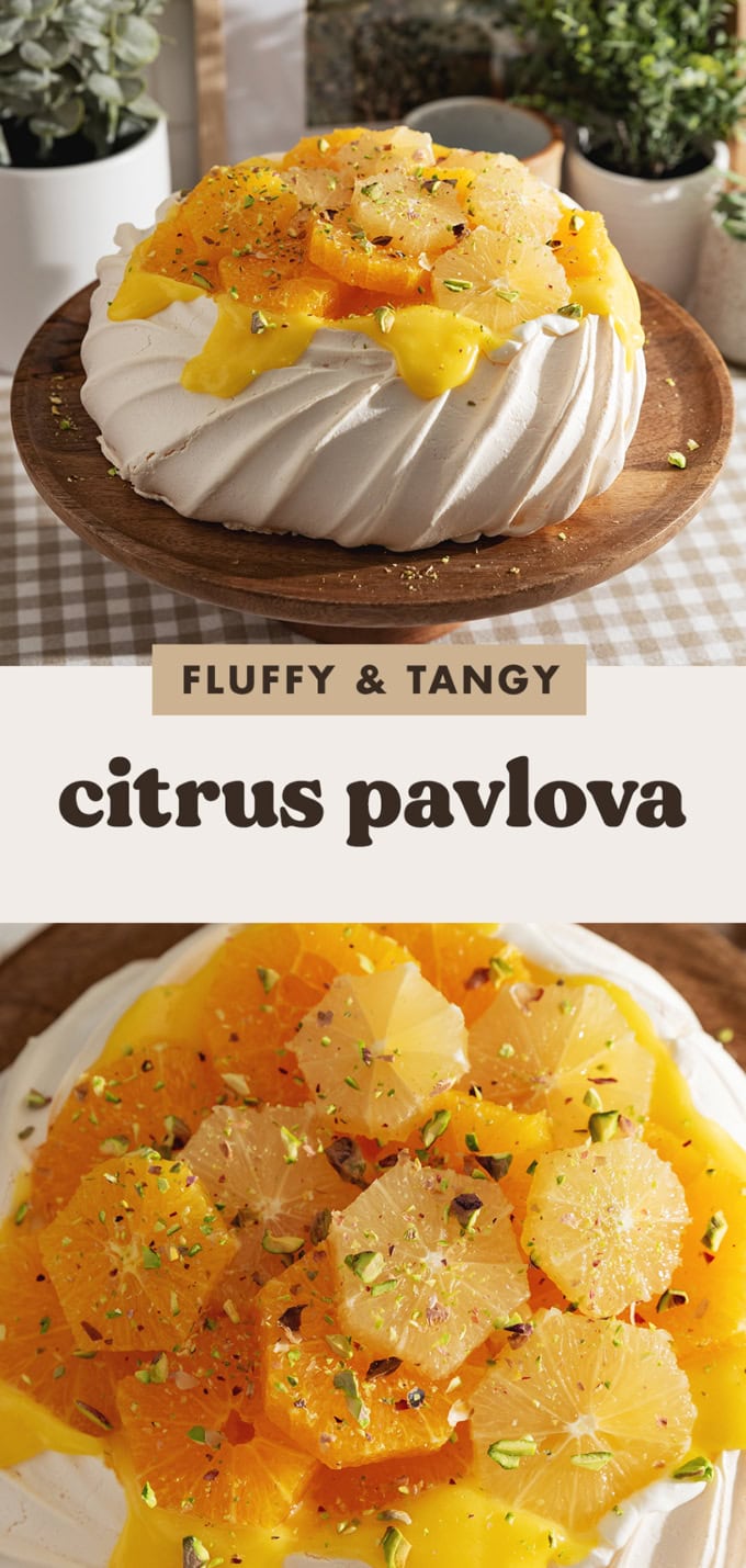 Two images of a citrus pavlova with a text overlay that says "fluffy and tangy citrus pavlova".