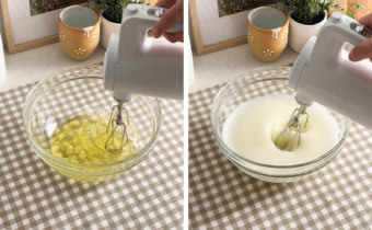 Left: beating egg whites with a hand mixer. Right: beating frothy egg whites with a hand mixer.