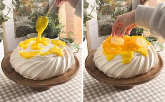 Left: drizzling lemon curd on top of a pavlova from a spoon. Right: hand placing citrus slices on top of a pavlova.