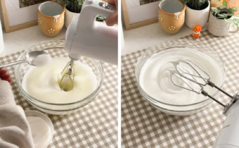 Left: sprinkling a spoonful of sugar into a bowl of egg whites. Right: stiff peaks of egg white meringue on the whisk attachment of a hand mixer.