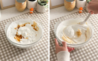 Left: cornstarch and vanilla extract sprinkled on top of meringue. Right: folding meringue together with a spatula.