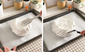 Left: shaping meringue on a baking sheet with a spatula. Right: dragging a spatula around the sides of meringue to create pattern.