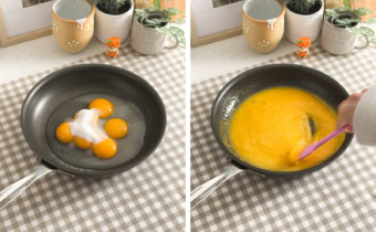 Left: egg yolks, sugar, and lemon juice in a pan. Right: mixing lemon curd ingredients with a spatula.